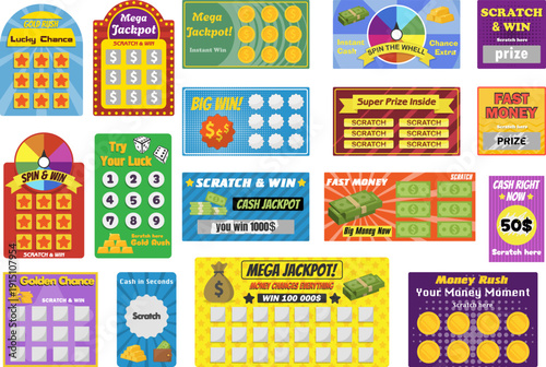 Modern scratch card lottery set featuring mega jackpot, super prize, fast money and spin wheel game templates. Vibrant flat design vector graphics for gambling concepts, casino advertising, fintech