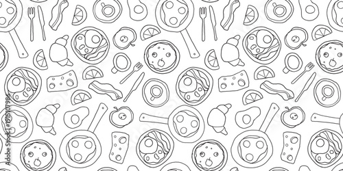 Breakfast sketch seamless pattern . Whimsical food doodles, Hand drawn vector illustration for menu. Breakfast and brunch simple sketch style.	