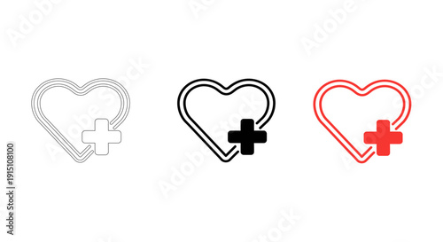 Heart Medical Cross Icon Set – Healthcare Love Symbol in Line, Black and Red Outline Styles
