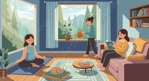 Three women engaging in various relaxing activities in a cozy living room.