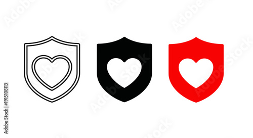 Medical Heart Letter C Logo Icon Set – Healthcare Cross Symbol in Line, Black and Red Vector Design