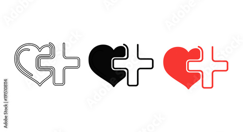 Heart Medical Cross Icon Set – Healthcare Love Symbol in Line, Black and Red Outline Styles