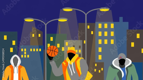 Three young men in hoodies, one holding a basketball, standing under streetlights at night.