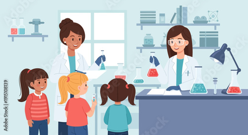 Two female scientists teaching three young girls in a laboratory setting.