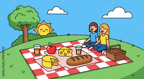Two friends enjoying a delightful picnic on a checkered blanket with various foods.
