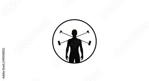 Silhouette of strong man with axes in circle logo symbol for strength power and resilience