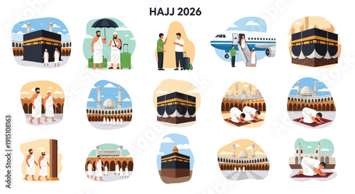 Pilgrims gathering at sacred sites during Hajj 2026 rituals illustrated in a vibrant graphic representation