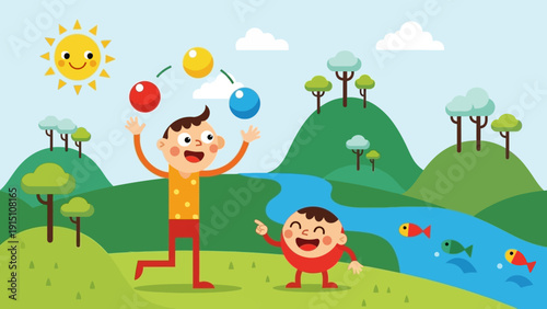 Two happy boys playing outdoors with colorful balls.