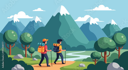 Two hikers with backpacks and trekking poles.