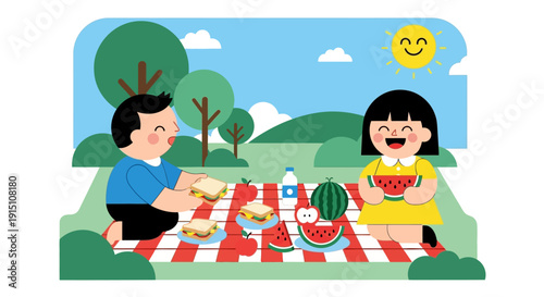 Two happy children enjoying a summer picnic with watermelon and sandwiches.