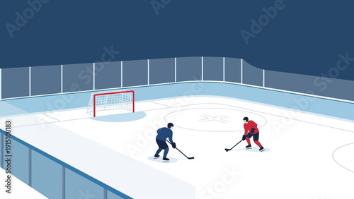 Two ice hockey players engaged in a game on an ice rink.