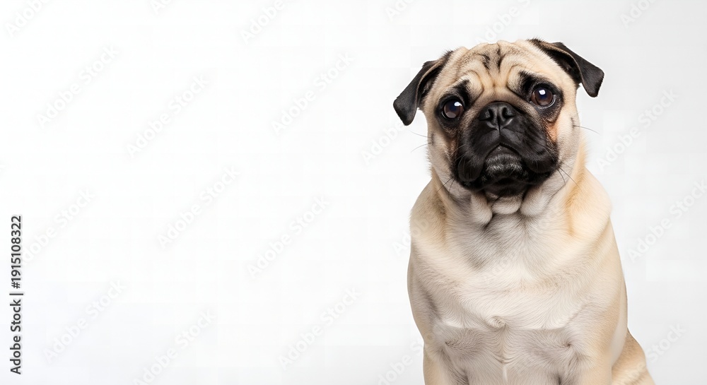 Obraz premium Adorable pug dog sitting and looking directly at the camera with a curious expression and a plain white background.