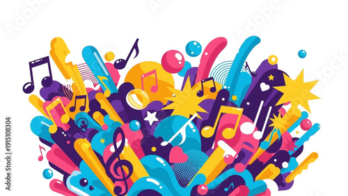 Vibrant Abstract Explosion of Musical Notes and Shapes.