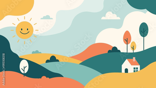 Vibrant Abstract Landscape with Rolling Hills and Smiling Sun.
