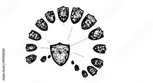 Shield protection concept with multiple defensive shields surrounding central shield, security and safety symbol, business and technology illustration
