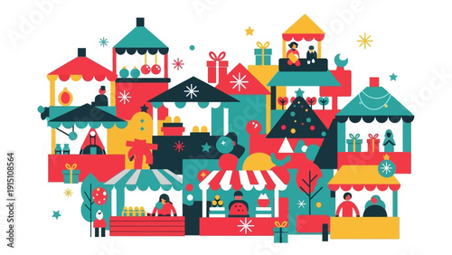 Vibrant Christmas Market Scene with Festive Stalls and Holiday Decorations.