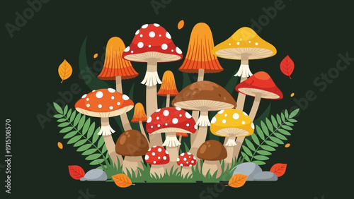 Vibrant collection of diverse mushrooms and fungi in a natural setting.