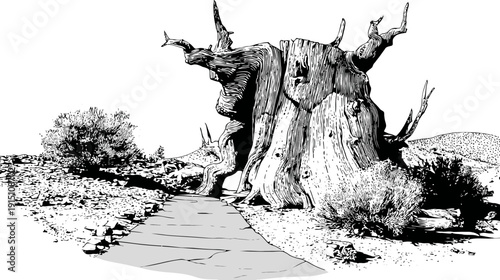 A grayscale, ink drawing of a gnarled, ancient tree, a path, and surrounding scrub
