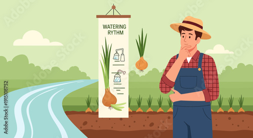 Farmer Contemplates Onion Watering Schedule in Field.