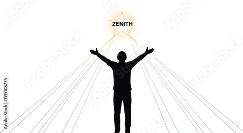 Silhouette of man with arms raised in triumph under starry zenith with colorful rays, symbolizing success and achievement in a conceptual and inspirational setting