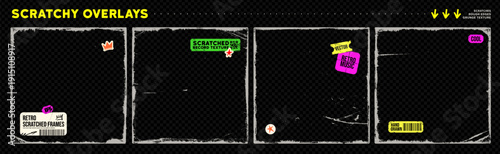 Scratchy square frame overlays set with colorful funky stickers. Hand drawn vector grunge cover frames with rough dirty edges. Compact cd disk overlay retro texture with torn rough edges.