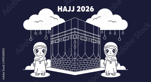 Pilgrims standing beside Kaaba during rainy Hajj 2026, illustration view