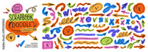 Funky doodle scrapbook arrows and note emphasis elements. Colorful collage scrapbook crayon drawn squiggly and straight arrows, check marks, text box and circles. Hand drawn torn paper design.