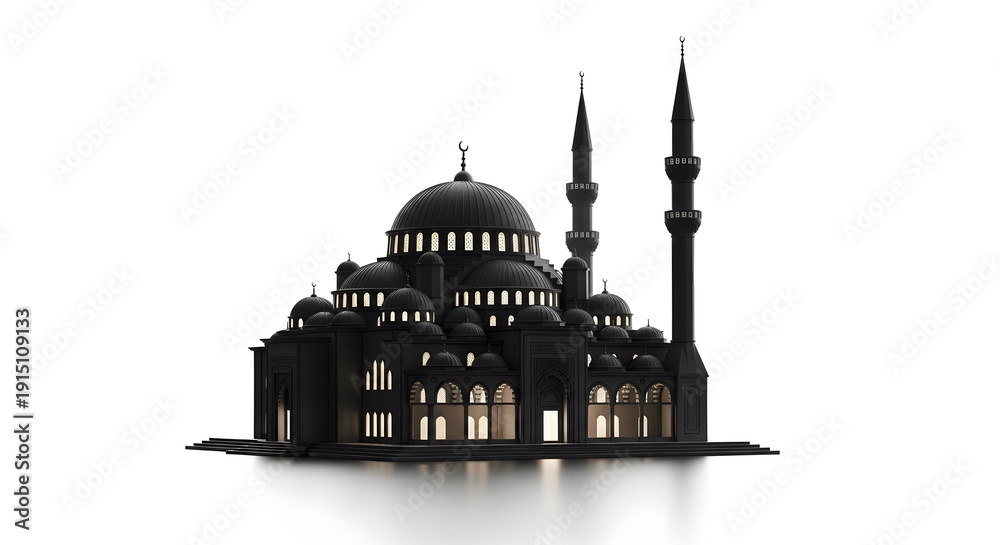 Fototapeta premium Illuminated Black Mosque Structure with Multiple Domes and Tall Minarets on a Reflective Surface
