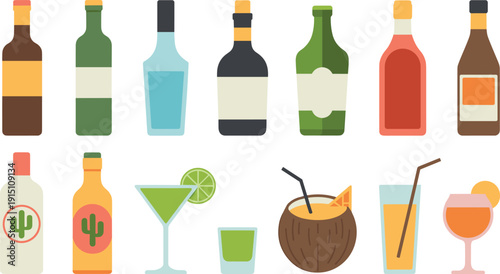 Alcohol Bottles and Tropical Cocktails Collection with Tequila Vodka Wine and Coconut Drinks Vector Illustration