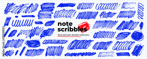 Blue pen scribble and sketchy squiggles collection on checkered paper sheet background. Blue ball pen scrawls, scribbles and chaos scratches. Hand drawn doodle rough scrawls, marker expressive strokes