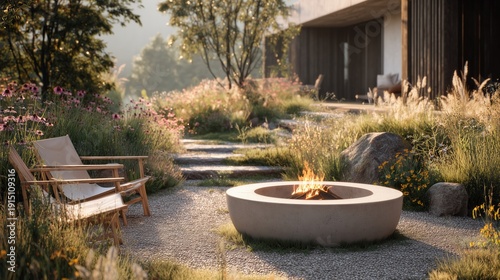 Scandinavian style backyard fire pit area at a modern country house, naturalistic garden design with ornamental grasses