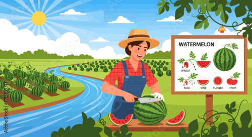 Farmer Cutting Watermelon in Field with Educational Sign.