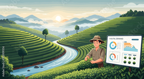 Farmer Analyzing Tea Plantation Data with Modern Technology.