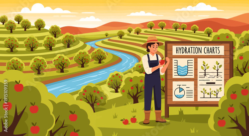 Farmer Explaining Hydration Charts in Orchard Illustration.