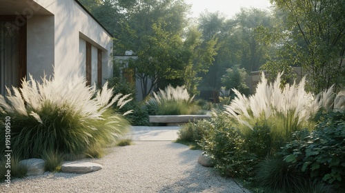Minimalist naturalistic garden in a modern country house backyard