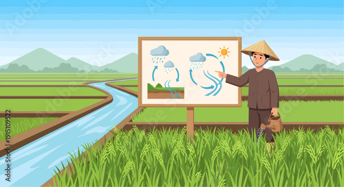 Farmer Explaining Water Cycle on a Board in Rice Field.