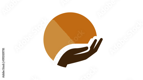A stylized graphic of a hand reaching up towards a partial sphere in shades of brown