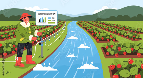 Farmer irrigating crops with data visualization for efficient water use.
