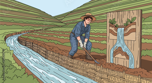 Farmer Irrigating Land with Traditional Irrigation System.