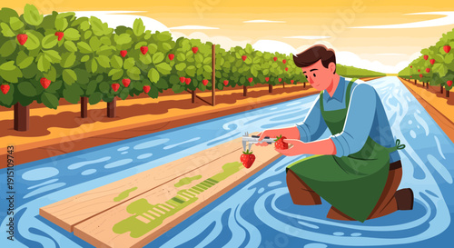 Farmer inspecting strawberry quality in irrigation canal agricultural practice.
