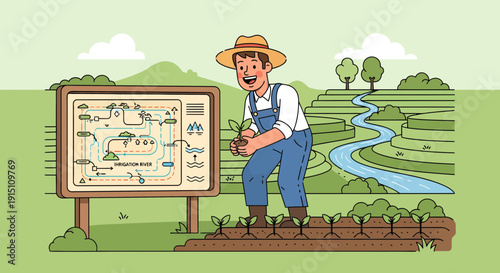 Farmer planting crops near informational sign about agriculture.