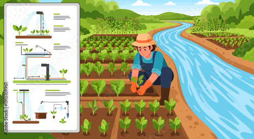 Farmer tending to crops in a lush agricultural field.