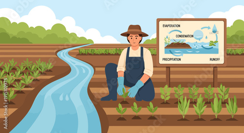 Farmer tending to crops with irrigation system and water cycle diagram.