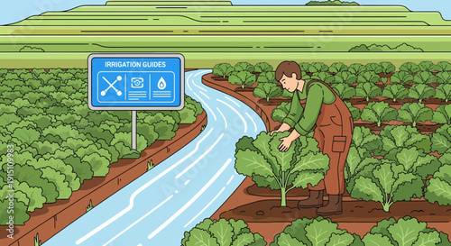 Farmer tending to crops near irrigation canal.
