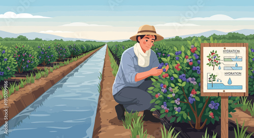Farmer tending to crops with irrigation system in field.