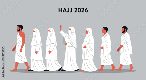 Pilgrims in white robes walking in unison during Hajj ritual procession, vector illustration of religious event