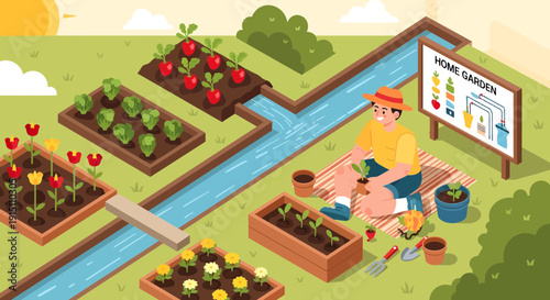 Gardener tending to a vibrant vegetable and flower garden.