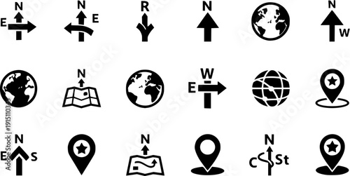Compass Direction Navigation Icon Sheet Vector Silhouette showing north south east west arrows, compass symbols, globe navigation signs, and route direction indicators in minimal black vector silhouet