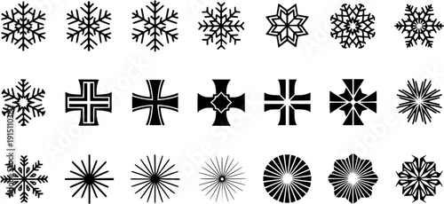 Snowflake Winter Symbol Icon Sheet Vector Silhouette containing detailed snowflakes, winter ornaments, starburst shapes, decorative crosses, and radial geometric cold season symbols in solid black vec