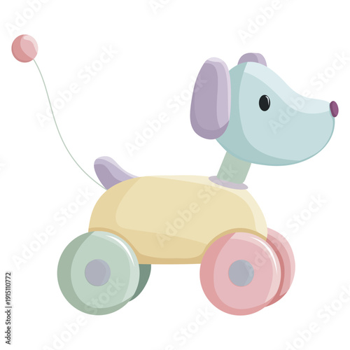 Pastel Pull Dog Toy Wheels Isolated, Nursery Toddler Push Cart For Baby Playroom Decor Gift Concept